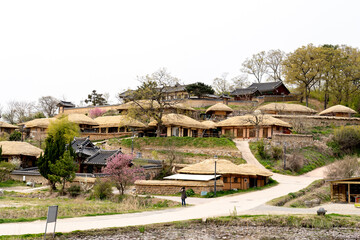 Gyeongju, South Korea - April 7, 2019: View of Yangdong Folk Village in spring at Gyeongju, South Korea. Yangdong Folk Village is a traditional village from Joseon dynasty. 