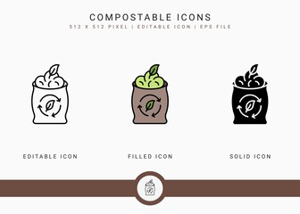 Fototapete - Compostable icons set vector illustration with solid icon line style. Bio decompose concept. Editable stroke icon on isolated background for web design, infographic and UI mobile app.