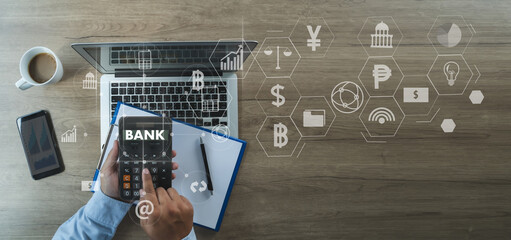 Poster - Businessman  online banking and payment network connection phone Finance and banking application online payment.