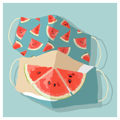 Two masks with a summer bright print of watermelon slices. Prevention and protection against coronavirus and bacteria. Vector illustration in a flat style.
