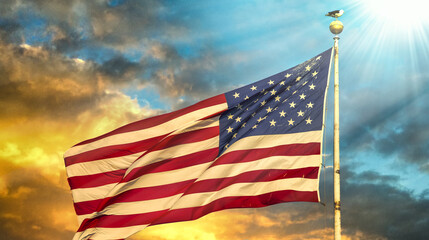 Sticker - American flag waving against a beautiful sky