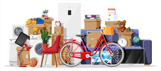 Wall Mural - Moving to new house. Family relocated to new home. Paper cardboard boxes with various household thing. Package for transportation. Computer, lamp, clothes, books. Vector illustration in flat style