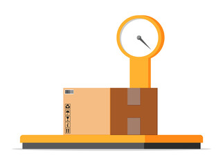 Industrial cargo weight scales. Weight of goods. Logistic and distribution, parcel package, cardboard boxes. Scale with box isolated on white. Warehouse service, delivery. Flat vector illustration