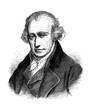 Engraving portrait of James Watt (1736–1819)  Scottish inventor, mechanical engineer and chemist, famous for his steam engine of improved power and efficiency