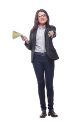 Front view of woman with dollars in her hands, isolated on white background