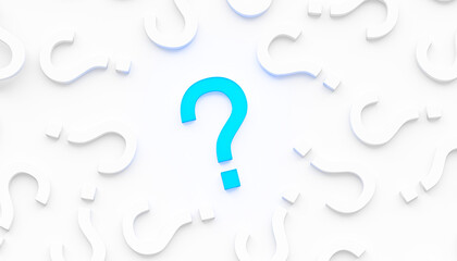Poster - Blue glowing question mark on a background black and grey signs. 3D Rendering