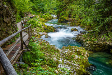 Breathtaking view over colorful Radovna river in Vintgar Gorge, Slovenia.