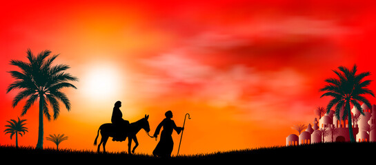 Virgin Mary and Joseph on their journey. Virgin Mary and Joseph at sunset. Their journey. Desert, sun, city of Bethlehem. Biblical scene on the eve of the birth of Jesus. Christmas