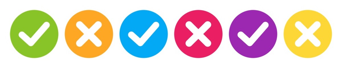 Poster - set of flat round colored check mark and x cross icons buttons isolated on a white background. vecto