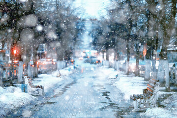 Wall Mural - street in winter city, landscape background december in urban view alley