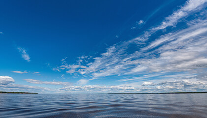 Wall Mural - panorama of calm lake, kama river blue sky with clouds reflected in the water.