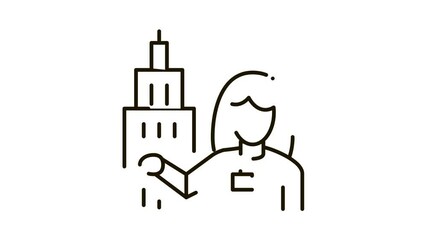 Poster - Woman Guide near Tower Landmark Icon Animation. black Woman Guide near Tower Landmark animated icon on white background