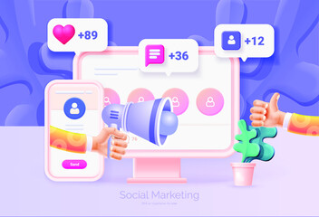 Poster - Digital social marketing. Computer and mobile phone with social network interface. Hand holds a megaphone. Getting new subscribers, likes, messages. Social network promotion. Vector illustration 3D