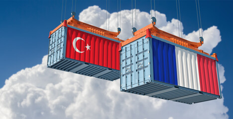 Wall Mural - Freight containers with Turkey and France national flags. 3D Rendering 