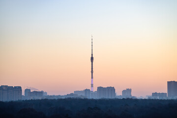 Poster - view of residential district and park in Moscow city under pink dawn sky in cold winter morning