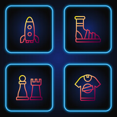 Sticker - Set line T-shirt, Chess, Rocket ship and Slippers with socks. Gradient color icons. Vector.