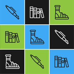 Poster - Set line Fountain pen nib, Slippers with socks and Book icon. Vector.