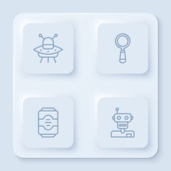 Aufkleber - Set line UFO flying spaceship, Magnifying glass, Energy drink and Robot. White square button. Vector.