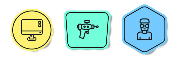 Poster - Set line Computer monitor screen, Ray gun and Nerd geek. Colored shapes. Vector.