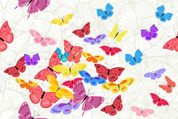 Fotomurales - seamless texture with flying colorful butterflies against monoch