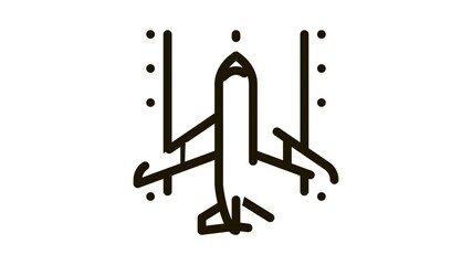 Poster - Airplane On Runway Airport Icon Animation. black Airplane On Road For Landing Concept Linear Pictogram. Air Transport Aircraft animated icon on white background