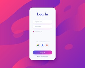 Log in screen. Mobile application interface, registration form with login and password fields. Website UI with buttons and network account sign. Vector web page mockup for smartphone