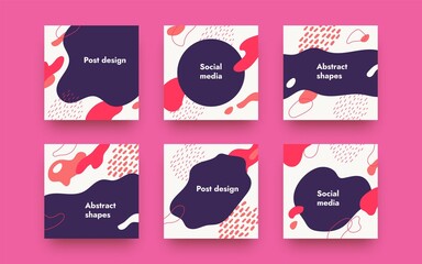 Poster - Doodle square banners. Memphis abstract posters. Geometric shapes and place for text. Round frames and contours or dots. Templates with lettering for social media network, vector set