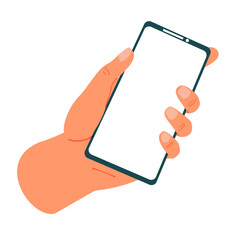 Aufkleber - Hands holding phone. Smartphone in arms. Blank device screen. Isolated gadget with copy space on white background. Mobile application advertising template. Vector electronic technologies