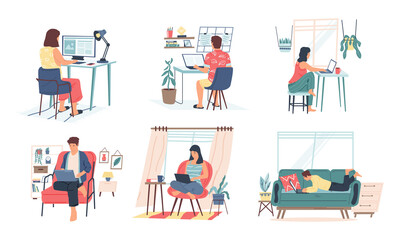 Fototapete - Remote work. Cartoon freelancers and office employees at home. Young men and women sitting with laptops in casual clothes. Comfortable workplace and room interior. Vector isolated set