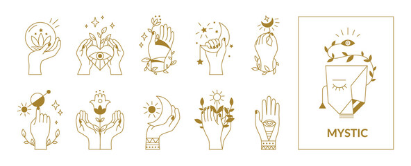 hands mystical symbols. boho occult outline signs with floral and astrological decorative elements. 