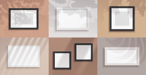 Poster - Picture frames. Realistic blank borders for photographs. Square decorative interior objects on wall. Overlay shadows effect from plants and windows. Vector exhibition templates set