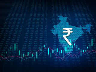 Wall Mural - Stock market analysis background with Indian rupee symbol, India Finance, Indian rupee background, Economic  Background dark blue abstract background illustration,  Indian rupee, rupee currency 