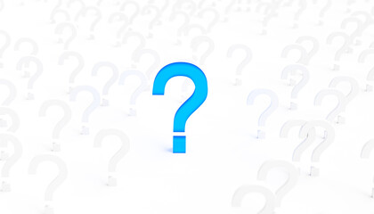 Poster - Blue glowing question mark on a background black and grey signs. 3D Rendering