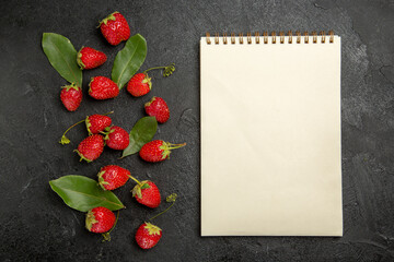 top view fresh red strawberries on dark background fruit berry ripe color