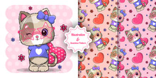 Cute Cat With Red Heart For Valentine's Day And Pattern Set