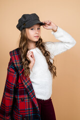 Sticker - Funky beauty. happy childhood. beauty and fashion. cheerful parisian child has long hairstyle. stylish kid wear trendy french cap. seasonal autumn fashion look. teenage girl in checkered jacket