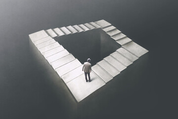 illustration of man rising penrose stairs, surreal concept