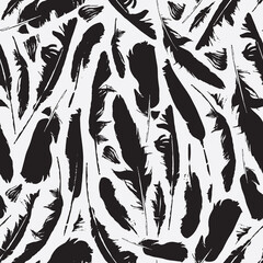 Poster - Seamless pattern with black bird feathers on a light backdrop. Vector repeating background. Suitable for wallpaper, wrapping paper, fabric