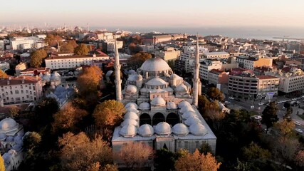 Wall Mural - Sehzade mosque in Istanbul. View from a height at sunset in autumn.
The shooting date is November 28, 2020. Istanbul, Turkey.