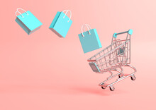 Flying Shopping Cart With Shopping Bags On A Pink Background. Shopping Trolley. Grocery Push Cart. Minimalist Concept, Isolated Cart. 3d Render Illustration