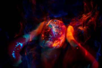 lucid dreaming series. backdrop of human face and colorful fractal clouds on the subject of dreams, 