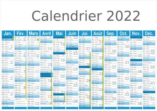 Calendrier 2022 12 mois avec vacances scolaires officielles au format A3 entièrement modifiable via calques et texte arial