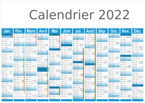 Calendrier 2022 12 mois avec vacances scolaires officielles au format A3 entièrement modifiable via calques et texte arial