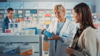 Wall Mural - Pharmacy Drugstore: Diverse Group of Customers Searching to Buy Prescription Medicine, Drugs, Vitamins. Professional Helpful Pharmacist Gives a Client Advice. Shelves full of Health Care Products