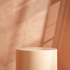 Fototapete - Product setting podium beige abstract minimalistic geometry, minimal geometric shapes interior, object placement, window shadows background wall room, 3d rendering,