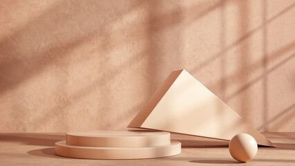 Fototapete - Product setting podium beige abstract minimalistic geometry, minimal geometric shapes interior, object placement, window shadows background wall room, 3d rendering,