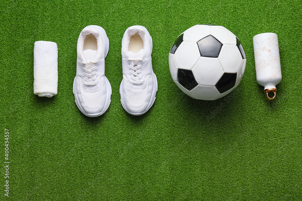 Set of sport equipment on color background