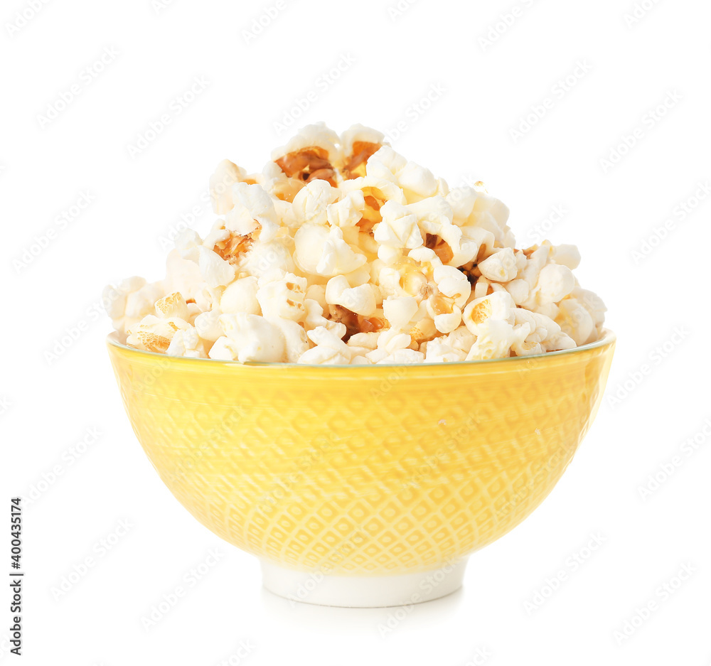 Bowl of popcorn isolated on white background