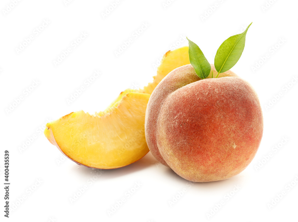 Sweet cut peaches on white background