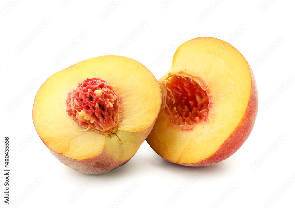 Sweet cut peaches on white background